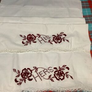 Embroidered White Pillowcases with Red Floral Design